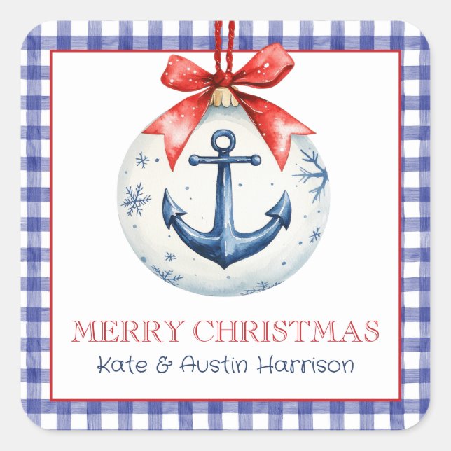 Weihnachten an der Küste Nautical Anchor Ornament Quadratischer Aufkleber (Vorderseite)