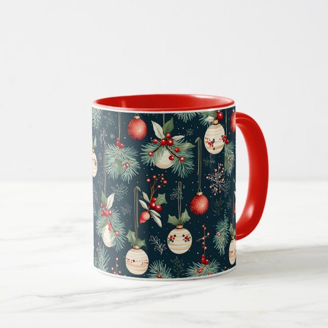 Weihnachten Aquamarin und Rot-Ornament Muster Tasse (VorderseiteRechts)