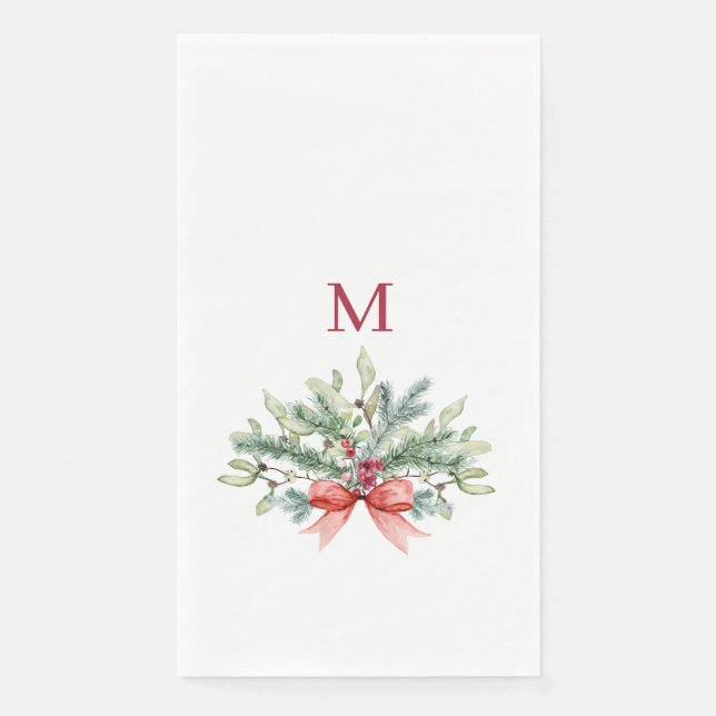 Weihnachten Aquarellgrün Rote Monogramm Serviette (Vorderseite)