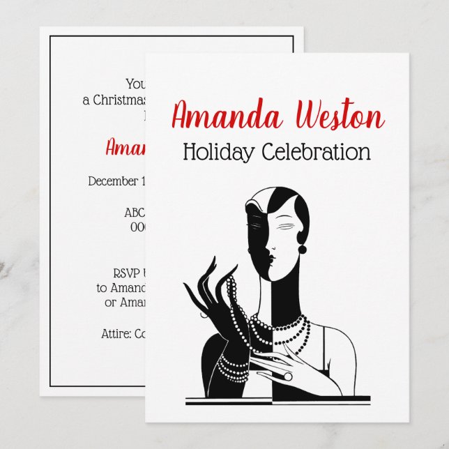 Weihnachten Art Deco Lady mit Perlen Black Transf Einladung (Vorne/Hinten)