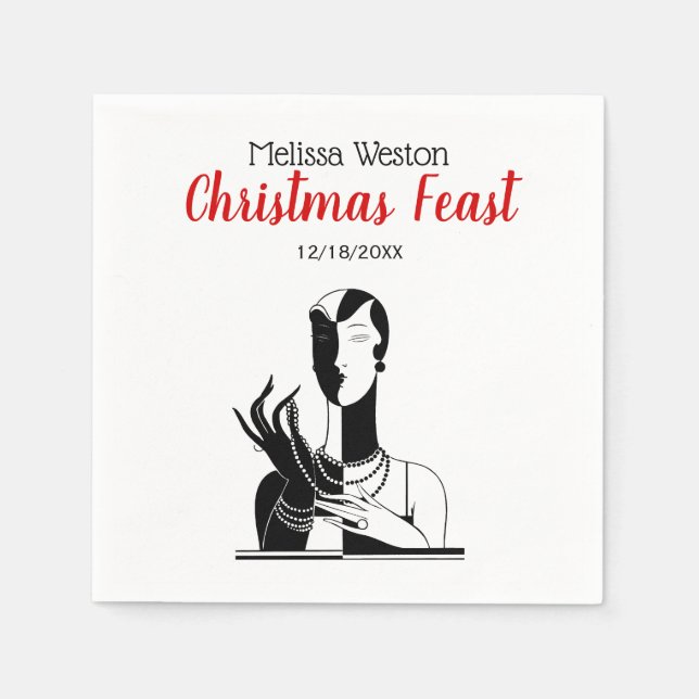 Weihnachten Art Deco Lady mit Perlen Black Transf Serviette (Vorderseite)
