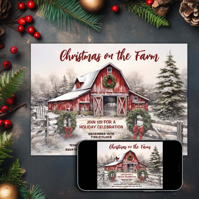 Weihnachten auf der Farm Red Barn Holiday Party Einladung (Printed and Digital - Christmas on the Farm Red Barn Holiday Party Invitation)