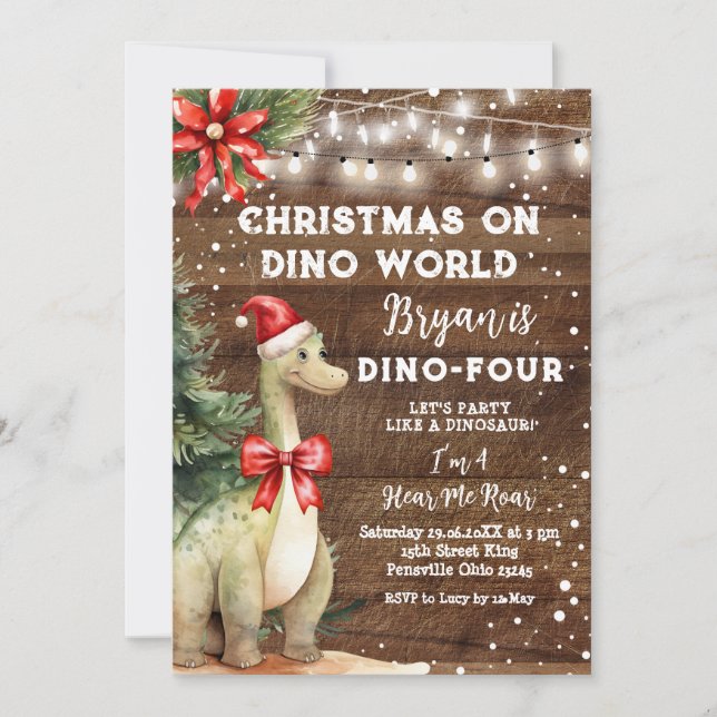 Weihnachten auf Dino World Wood Dinosaurier 4. Geb Einladung (Vorderseite)