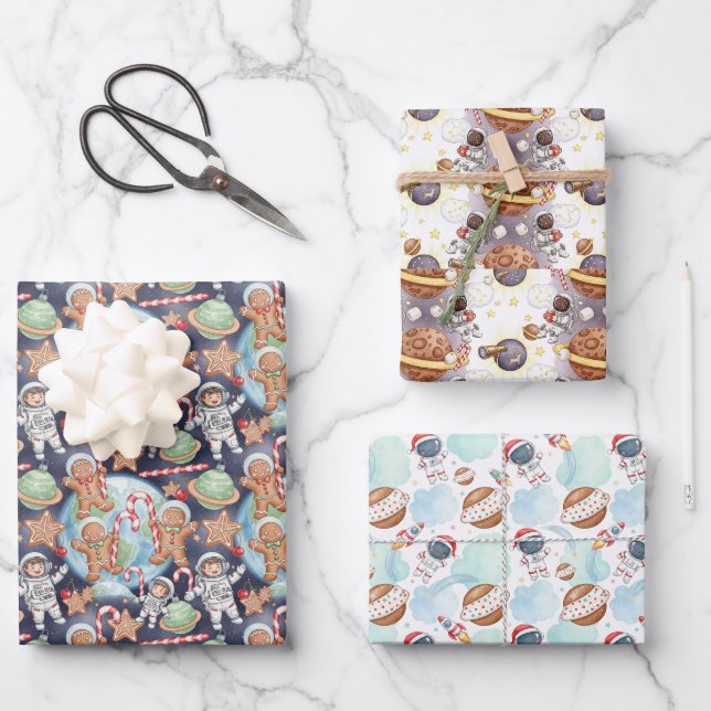 Weihnachten aus dem All feiern Geschenkpapier Set (Vorderseite)