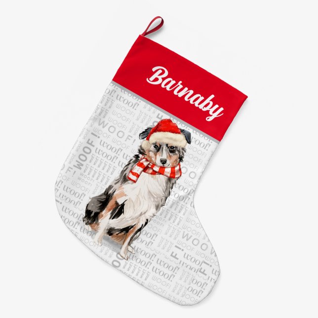 Weihnachten Australischer Schäferhund mit dem Name Großer Weihnachtsstrumpf (Vorderansicht (hängend))