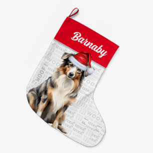 Weihnachten Australischer Schäferhund mit dem Name Großer Weihnachtsstrumpf