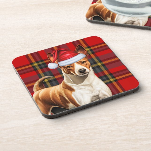 Weihnachten Basenji Dog Rot und Grün Karierter Url Getränkeuntersetzer (Linke Seite)