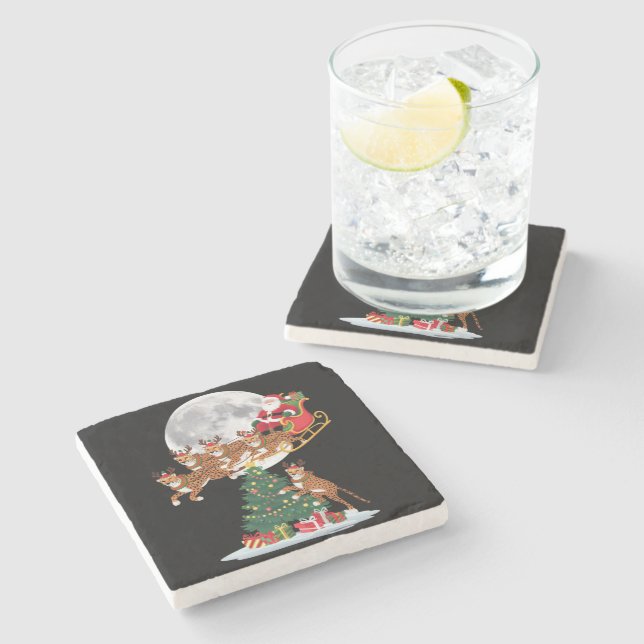 Weihnachten Baum Lights Funny Santa Riding Cheetah Steinuntersetzer (Seitenansicht)