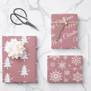 Weihnachten, Bäume, Schneeflocken staubige Rose Geschenkpapier Set