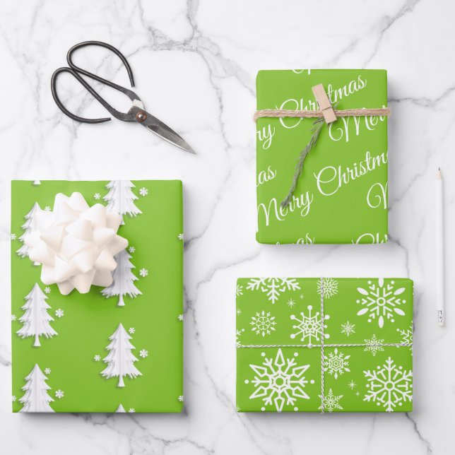 Weihnachten, Bäume, Schneeflocken Urlaub Grün Geschenkpapier Set (Vorderseite)