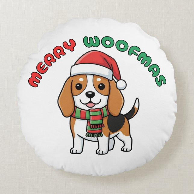 Weihnachten Beagle Rundkissen: Frohe Weihnachten Rundes Kissen (Vorderseite)