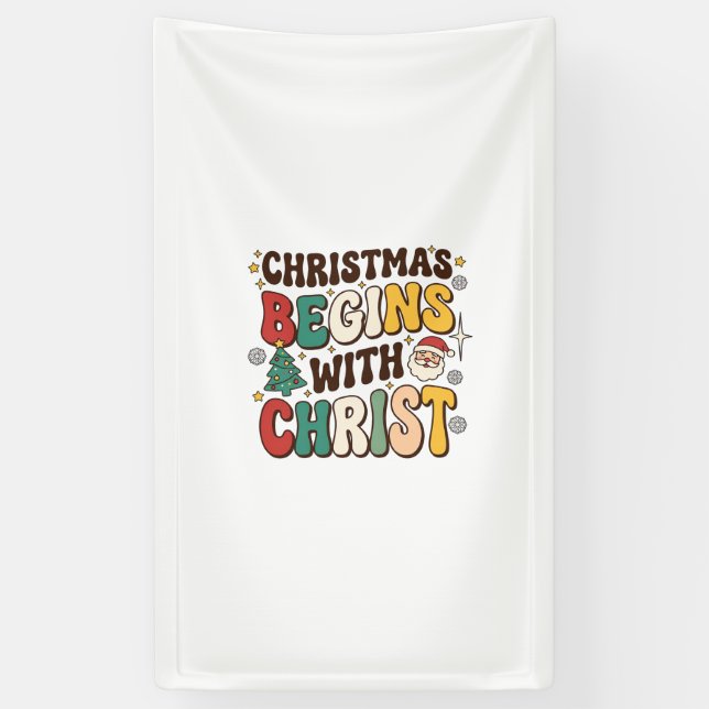 Weihnachten beginnt mit Christus Santa Baum Design Banner (Vertikal)