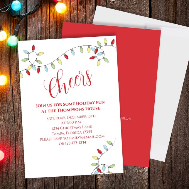 Weihnachten Beifall Farbige String Lights QR Code Einladung (Christmas cute whimsical fun Cheers holiday party invitation. )