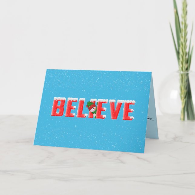 Weihnachten BELIEVE in Schneeflocken mit Schneeman Karte (Vorderseite)