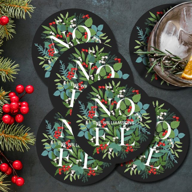 WEIHNACHTEN Berries Greenery Black Holiday Runder Pappuntersetzer (NOEL winter greenery and berries on black holiday round paper coasters)