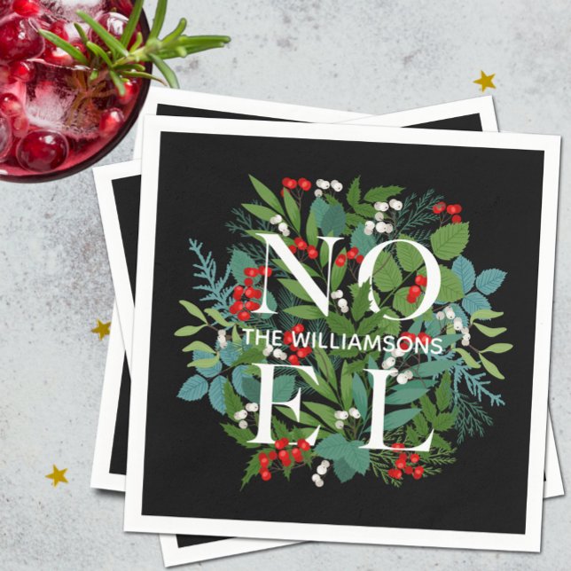 WEIHNACHTEN Berries Greenery Personalisiert Black  Serviette (Von Creator hochgeladen)