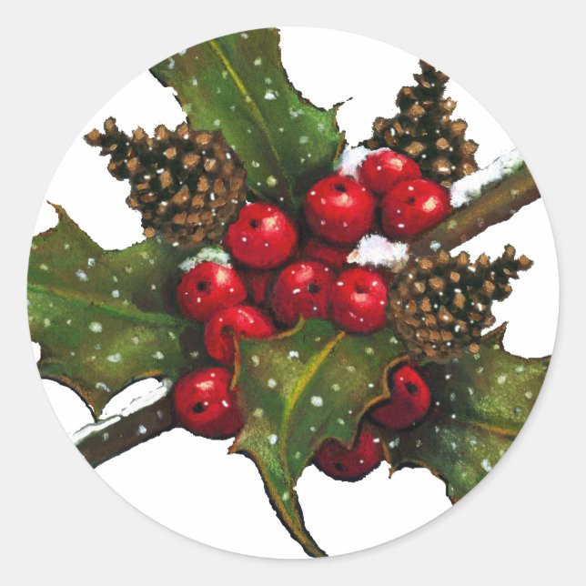 Weihnachten: Berries, Holly, Pine Cones: Kunst Runder Aufkleber (Vorderseite)