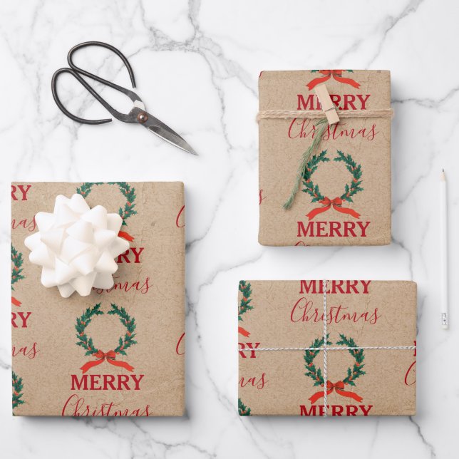 Weihnachten Berry Wreath Holiday Kraft Geschenkpapier Set (Vorderseite)