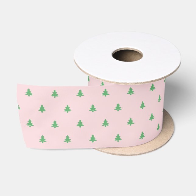 Weihnachten Blass Rosa und grüne Weihnachtsbaumen Satinband (Spule)