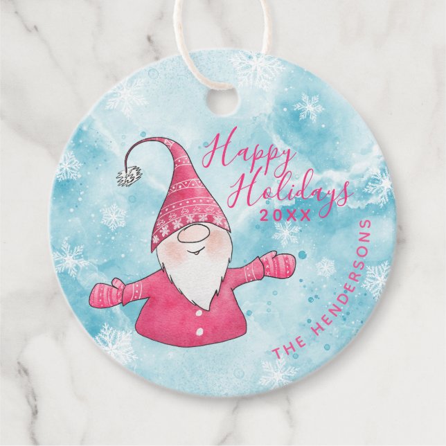Weihnachten Blau und Rosa Gnome Happy Holidays Geschenkanhänger (Vorderseite)