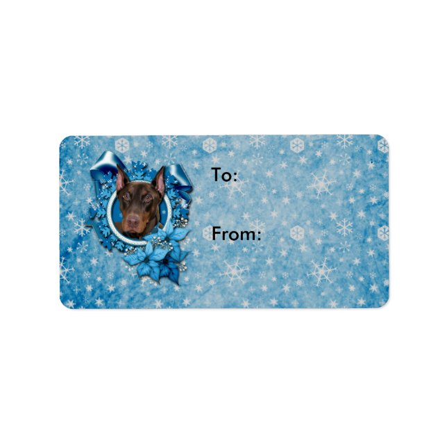 Weihnachten - Blaue Schneeflocke - Doberman - Rock Adressaufkleber (Vorne)