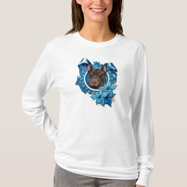 Weihnachten - blaue Schneeflocke - Dobermann - T-Shirt (Vorderseite)