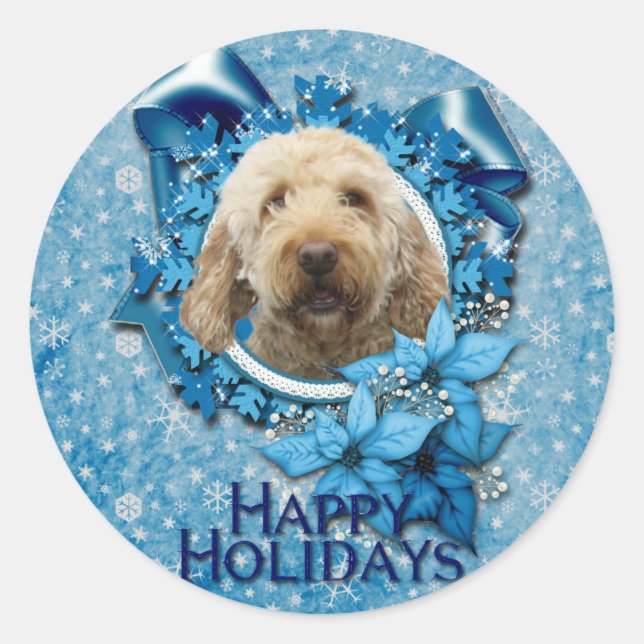 Weihnachten - Blaue Schneeflocke - Goldendoodle Runder Aufkleber (Vorderseite)