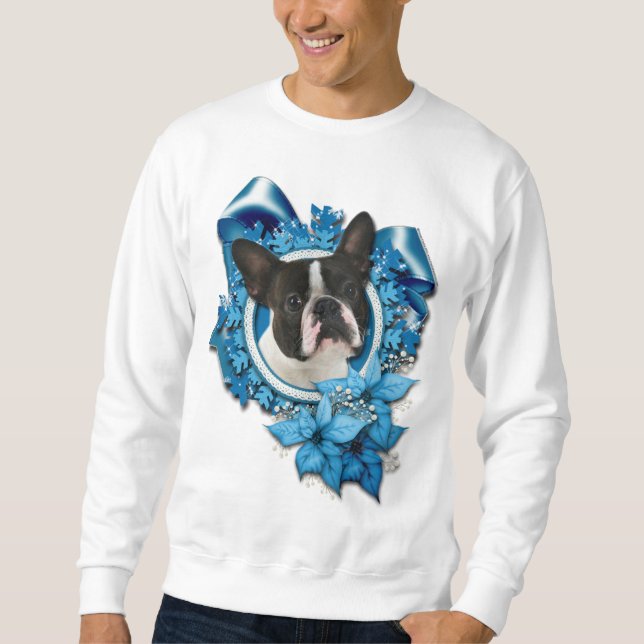 Weihnachten - blaue Schneeflocken - Boston Terrier Sweatshirt (Vorderseite)