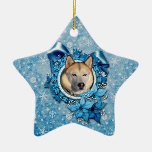 Weihnachten - blaue Schneeflocken - sibirischer Keramik Ornament