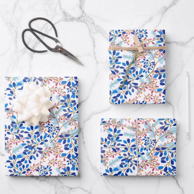 Weihnachten Blauer Urlaub Blumenmuster Geschenkpapier Set (Vorderseite)