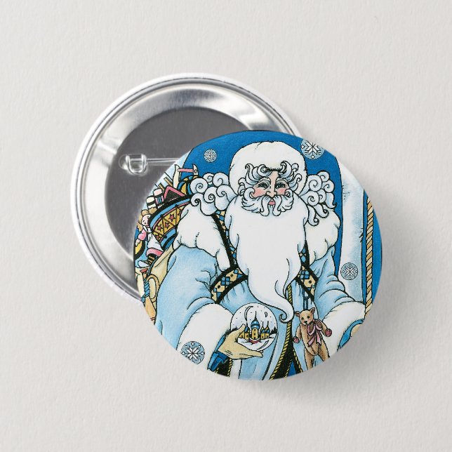 Weihnachten, Blauer Weihnachtsmann mit Snowglobe Button (Vorne & Hinten)