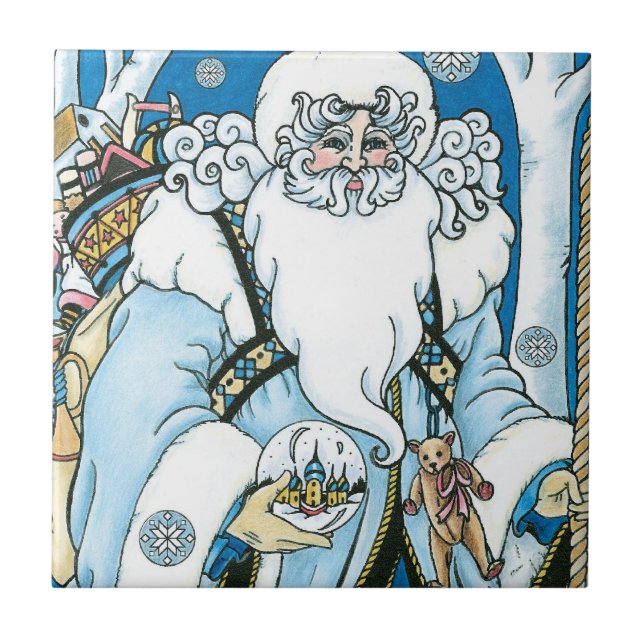Weihnachten, Blauer Weihnachtsmann mit Snowglobe Fliese (Vorderseite)