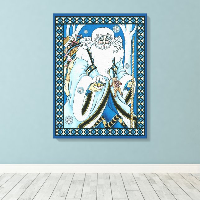 Weihnachten, Blauer Weihnachtsmann mit Snowglobe Leinwanddruck (Insitu (Holzboden))