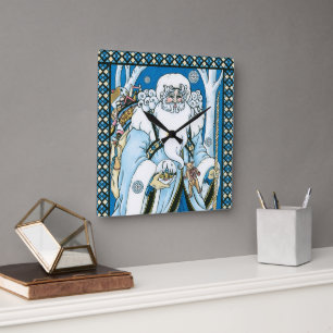 Weihnachten, Blauer Weihnachtsmann mit Snowglobe Quadratische Wanduhr