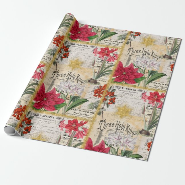 Weihnachten Blume Gold Holly und Ephemera Geschenkpapier (Ungerollt)