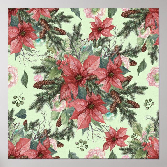 Weihnachten Blume Poinsettia Pinecones Poster (Vorne)