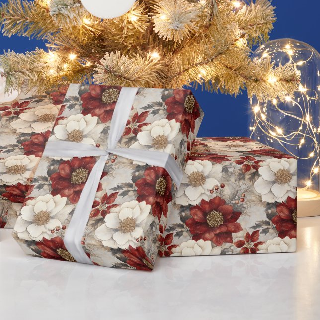 Weihnachten Blütenrot und weiße Poinsettias Geschenkpapier (Feiertage)