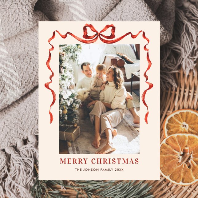 Weihnachten Boho Red Bow Ribbon Foto Postkarte (Von Creator hochgeladen)