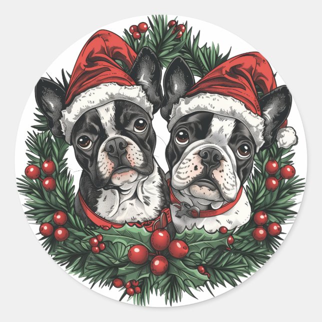 Weihnachten Boston Terrier Dogs Holiday Wreath Runder Aufkleber (Vorderseite)