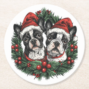 Weihnachten Boston Terrier Dogs Holiday Wreath Runder Pappuntersetzer