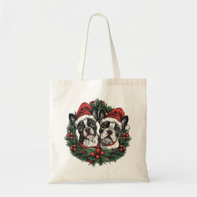 Weihnachten Boston Terrier Dogs Holiday Wreath Tragetasche (Vorne)