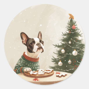Weihnachten Boston Terrier Hund Runder Aufkleber
