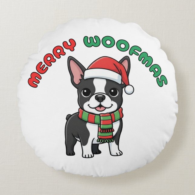 Weihnachten Boston Terrier Kissen: Fröhliche Woofm Rundes Kissen (Vorderseite)