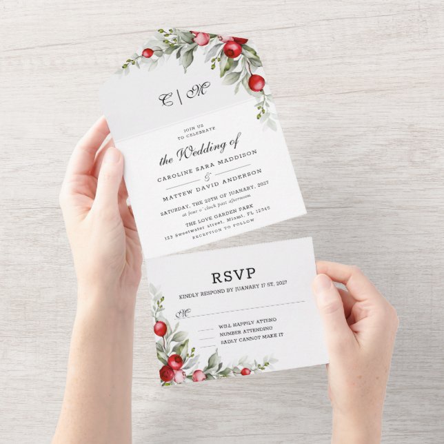 Weihnachten Botanische Winterhochzeit in einer Ein All In One Einladung (Abreißen)