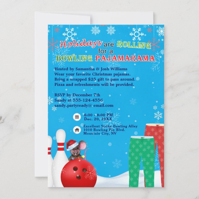 Weihnachten Bowling PJs Pizza Party Sky Blue Einladung (Vorderseite)