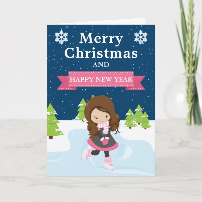 Weihnachten Brünetter Girl Ice Skater (Vorderseite)