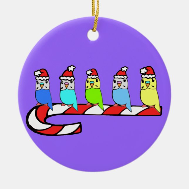 Weihnachten Budgies gehockt auf Zuckerstange Keramikornament (Vorne)