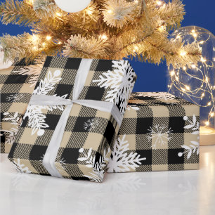 Weihnachten - Buffalo Kariert Beige Schneeflocken Geschenkpapier