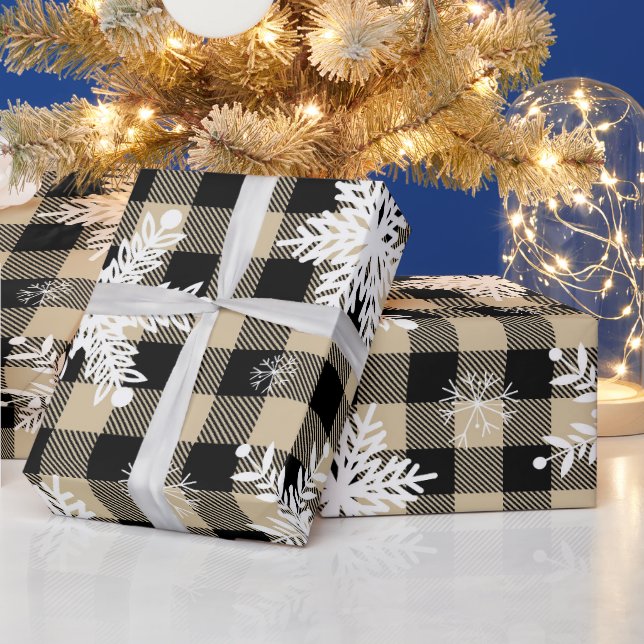 Weihnachten - Buffalo Kariert Beige Schneeflocken Geschenkpapier (Feiertage)