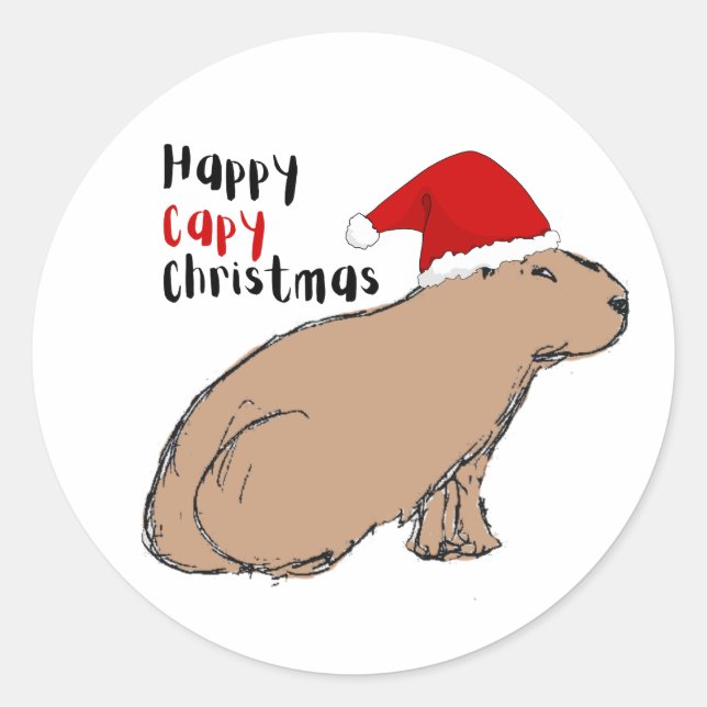 Weihnachten Capybara Niedlich Hand-Illustriert Whi Runder Aufkleber (Vorderseite)